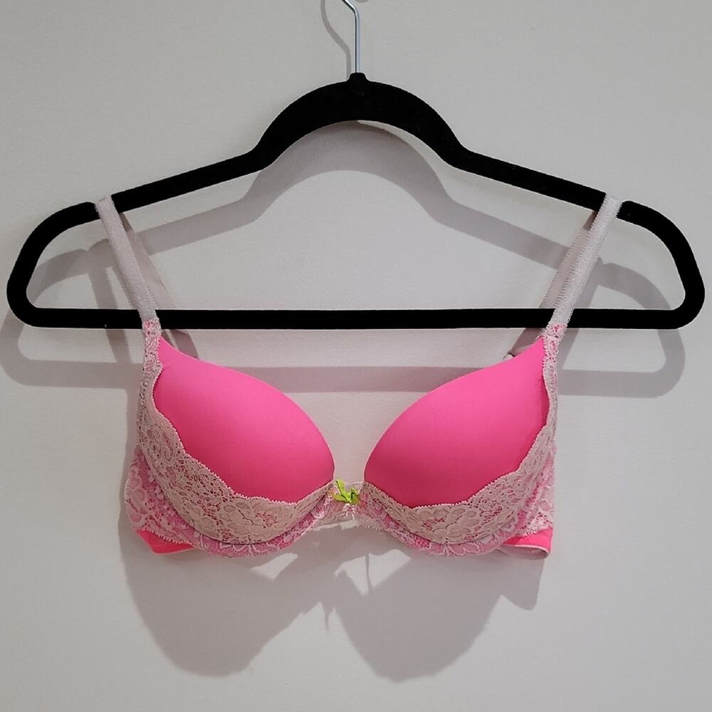 Victoria's Secret Dream Angels Plunge Bra Neon Pink Lace 34A
